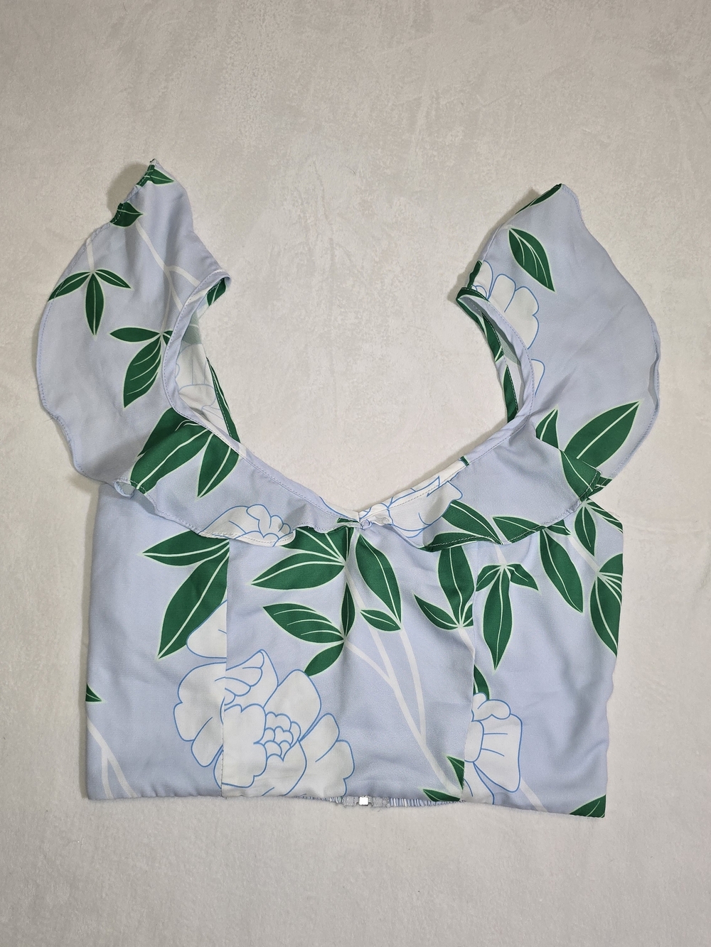 Pastel Blue Floral Ruffle Crop Top with Green Leaf Print Tropical Hawaiian Vacay